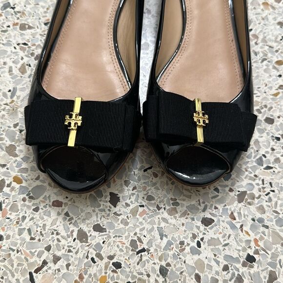 Tory Burch Black Peep Toe Flats with Gold Accent - Picture 1 of 7